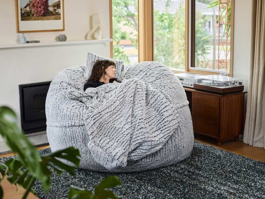 Cosy Stone Fur foam filled bean bag in living room - Grande KloudSac SafeSac